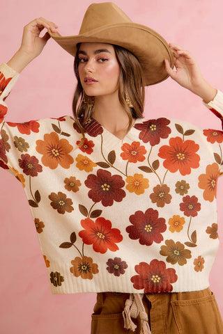 RETRO FLORAL PRINTED V NECK RELAXED FIT KNIT SWEATER