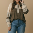 Round Neck Floral Color Block Cotton Slub Top