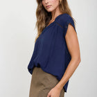 V NECK LACE TRIM CAP SLEEVE TOP