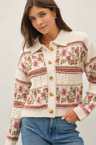 VINTAGE FLORAL JACQUARD POLO CARDIGAN