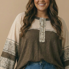 Round Neck Floral Color Block Cotton Slub Top