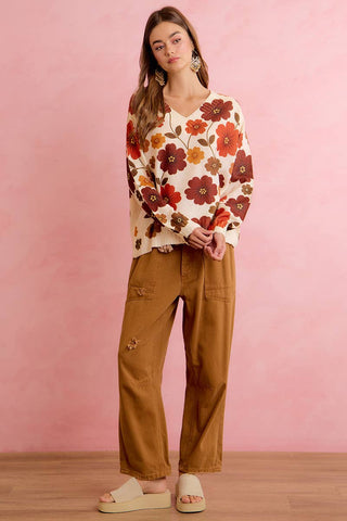 RETRO FLORAL PRINTED V NECK RELAXED FIT KNIT SWEATER