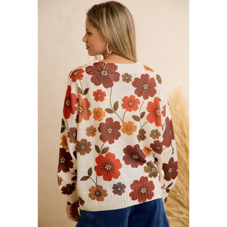 RETRO FLORAL PRINTED V NECK RELAXED FIT KNIT SWEATER