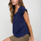 V NECK LACE TRIM CAP SLEEVE TOP