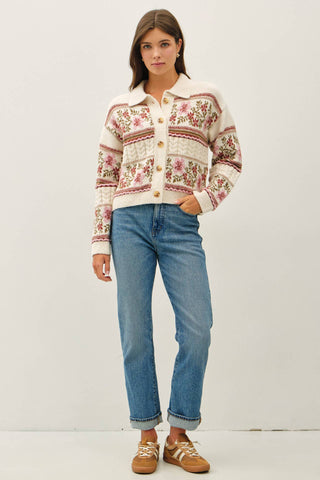 VINTAGE FLORAL JACQUARD POLO CARDIGAN
