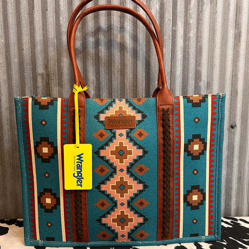 TURQUOISE WRANGLER SOUTHWESTERN PATTERN DUAL SIDED PRINT CANVAS WIDE TOTE
