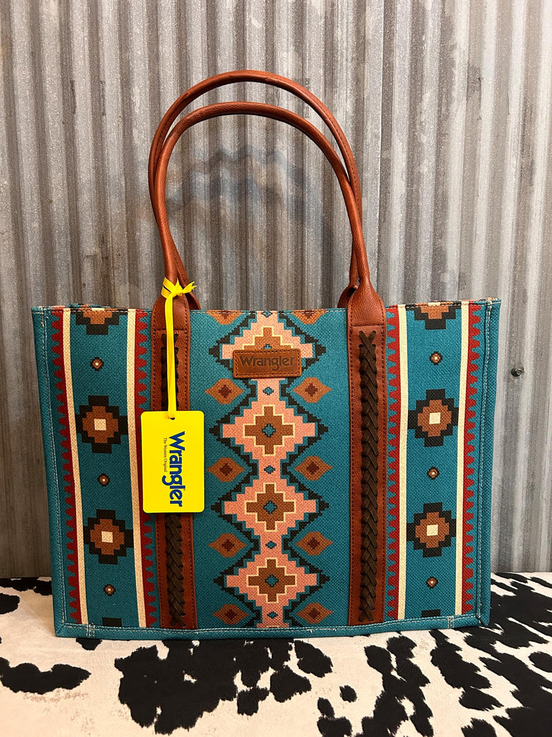 TURQUOISE WRANGLER SOUTHWESTERN PATTERN DUAL SIDED PRINT CANVAS WIDE TOTE