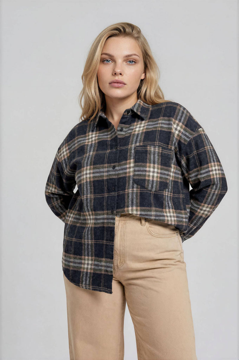 PLAID BOXY BUTTON COLLARED LONG SLEEVE SHIRT
