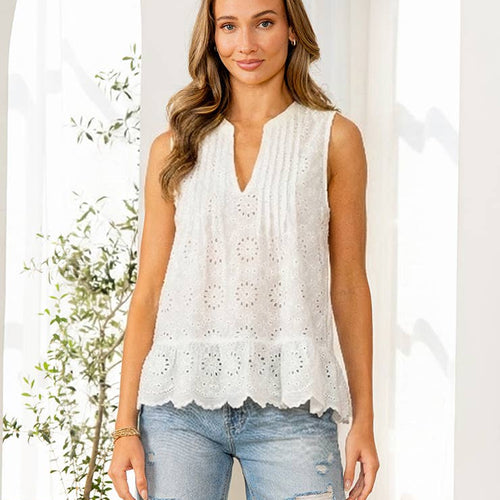 Relaxed Fit Sleeveless Eyelet Split Neck Top