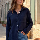 Navy Soft Gauze Button Down Blouse