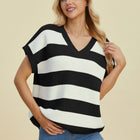 Double Take Full Size Striped V-Neck Short Sleeve Sweater