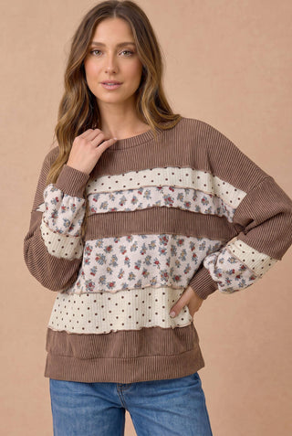 Floral and Polka Dot Mixed Knit Top