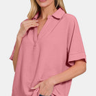 Zenana Texture Collared Neck Short Sleeve Top