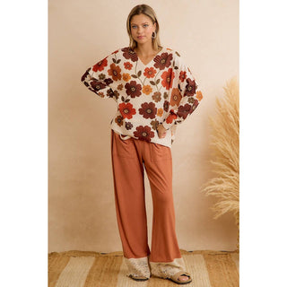 RETRO FLORAL PRINTED V NECK RELAXED FIT KNIT SWEATER