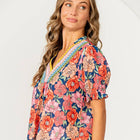 Relaxed Fit Floral Embroidered V Neck Top