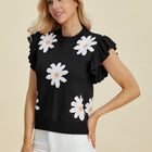 Double Take Full Size Ruffled Flower Round Neck Cap Sleeve Sweater