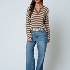 STRIPE RAW EDGE SPLIT NECK SHEER KNIT SWEATER