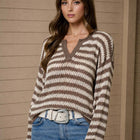 STRIPE RAW EDGE SPLIT NECK SHEER KNIT SWEATER
