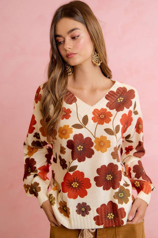 RETRO FLORAL PRINTED V NECK RELAXED FIT KNIT SWEATER