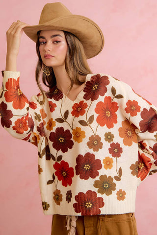 RETRO FLORAL PRINTED V NECK RELAXED FIT KNIT SWEATER