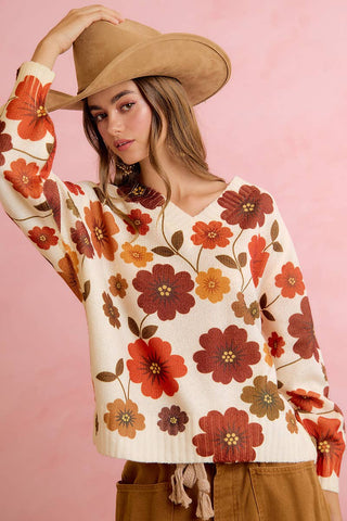 RETRO FLORAL PRINTED V NECK RELAXED FIT KNIT SWEATER