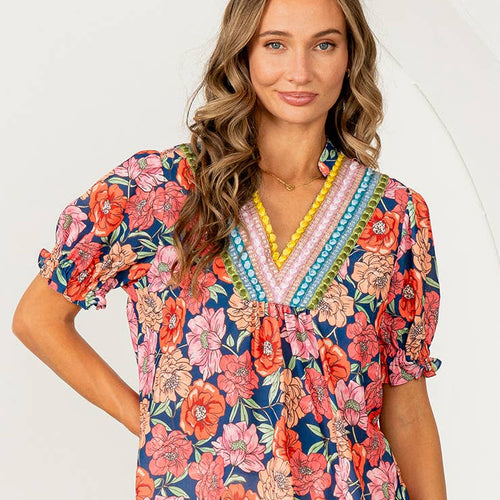 Relaxed Fit Floral Embroidered V Neck Top