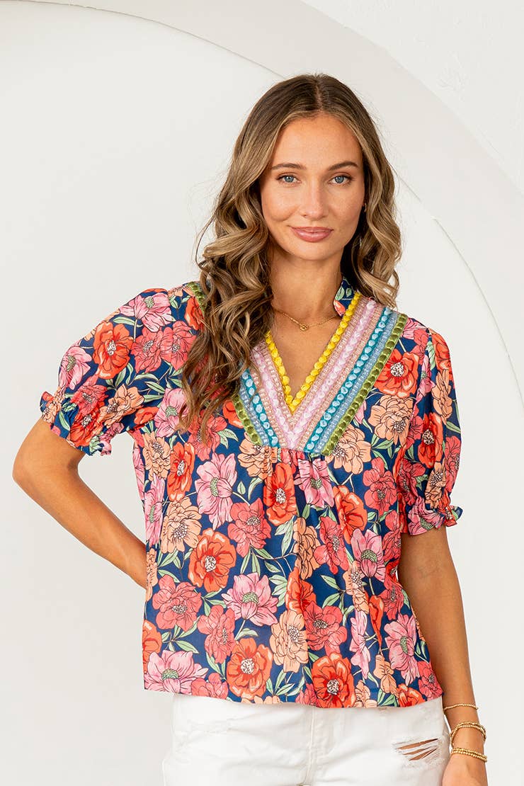 Relaxed Fit Floral Embroidered V Neck Top