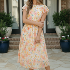 Watercolor Floral Flutter Sleeve Midi Dress