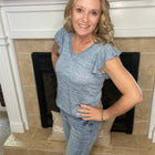 Denim Two Tone V Neck Ruffle Sleeve Top