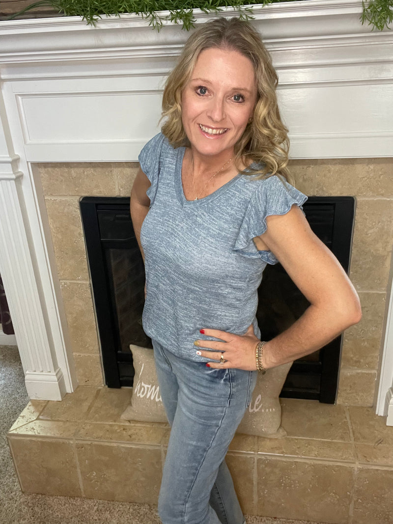 Denim Two Tone V Neck Ruffle Sleeve Top