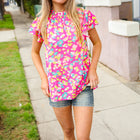 Feeling Femme in Pink Floral Print Frill Mock Neck Blouse