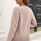 Ribbed Openwork Sleeve Round Neck Pullover Sweater