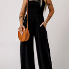 Smocked Square Neck Wide Leg Jumpsuit with Pockets