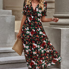 Floral V-Neck Short Flounce Sleeve Dress