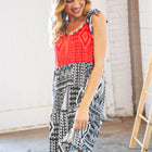 Red/Black Aztec Shoulder Tie Knot Tiered Dress