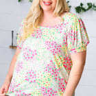 Canary/Mint Floral Square Neck Bubble Sleeve Top