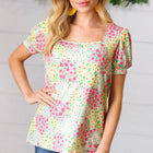 Canary/Mint Floral Square Neck Bubble Sleeve Top