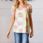 Canary/Mint Floral Square Neck Bubble Sleeve Top