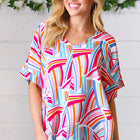 Blue & Fuchsia Geometric Print Woven Top