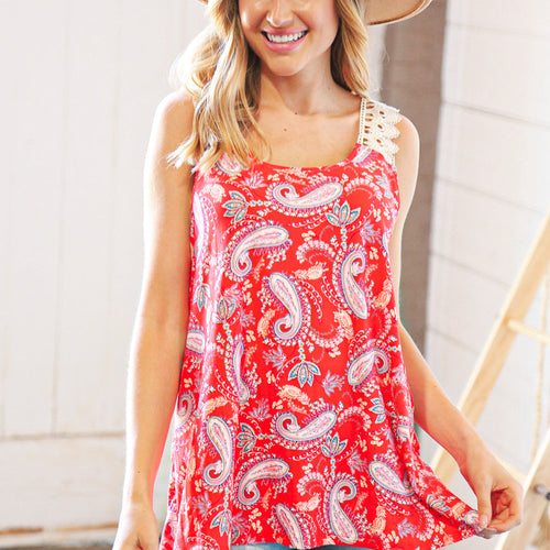 Coral Paisley Scallop Crochet Strap Tank Top
