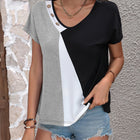 Color Block Decorative Button V-Neck Tee