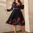 Plus Size Floral Surplice Neck Tie Waist Dress