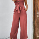 Decorative Button Strapless Smocked Jumpsuit with Pockets