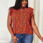 Double Take Floral Flutter Sleeve Notched Neck Blouse