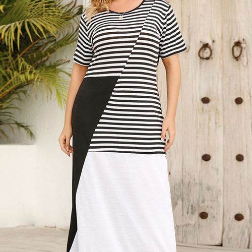 Plus Size Striped Color Block Round Neck Dress