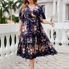 Plus Size Floral Surplice Neck Midi Dress