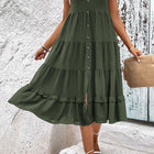 Decorative Button Scoop Neck Tiered Sleeveless Dress