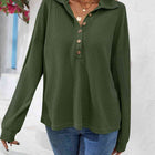 Half Button Collared Neck Long Sleeve Top