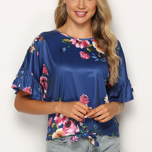 Floral Tie Hem Flounce Sleeve Top