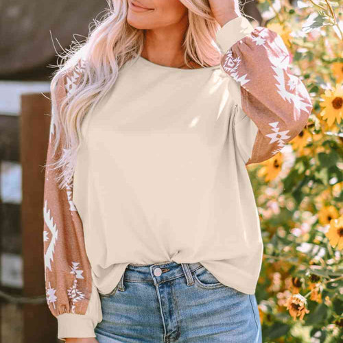 Geometric Round Neck Long Sleeve T-Shirt